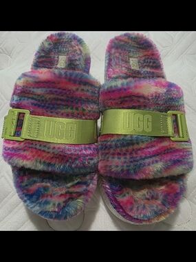 UGG Multicolor Fuzzy Slide Slippers with Neon Strap